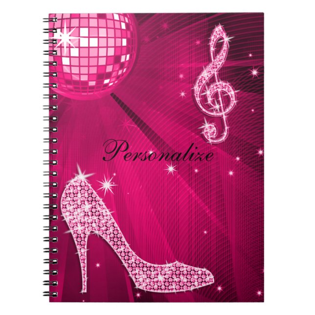 Sparkly Hot Pink Music Note & Stiletto Heel Notebook (Front)
