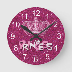Sparkly Hot Pink Princess Glitter & Vintage Crown Round Clock