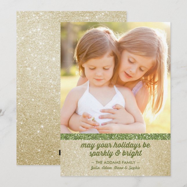 Sparkly in Green & Gold Glitter Holiday Photo Card (Front/Back)