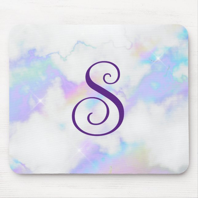 Sparkly Iridescent Rainbow Marble Curly Monogram Mouse Mat (Front)
