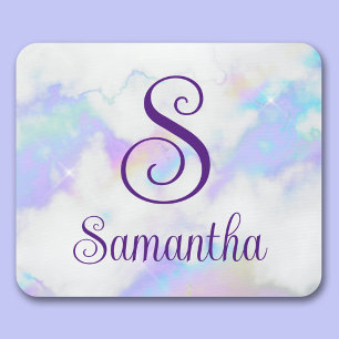 Sparkly Iridescent Rainbow Marble Monogram Name Mouse Mat