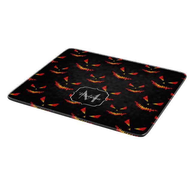 Sparkly Jack O'Lantern Halloween pattern Monogram Cutting Board (Corner)