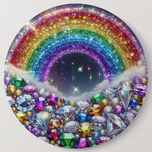 sparkly, jewelled rainbow 6 cm round badge