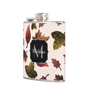 Sparkly leaves fall autumn pattern Monogram Hip Flask