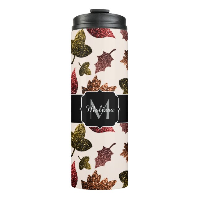Sparkly leaves fall autumn pattern Monogram Thermal Tumbler (Front)