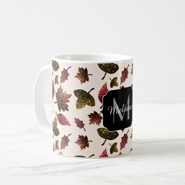 Sparkly leaves fall autumn sparkles Monogram Coffee Mug (Front Left)