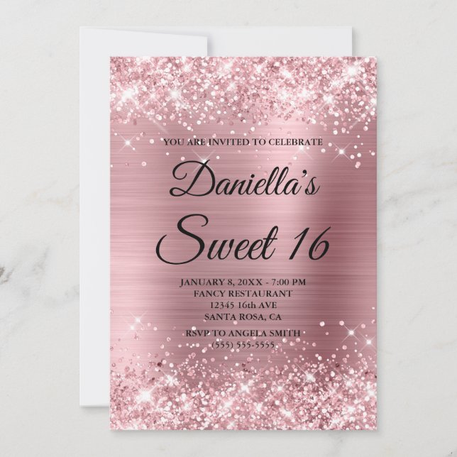 Sparkly Light Pink Glitter and Foil Sweet 16 Invitation (Front)