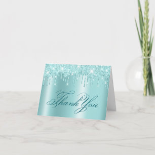 Sparkly Light Turquoise Glitter Drips Shimmer Thank You Card
