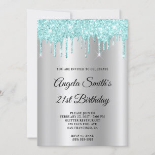 Sparkly Light Turquoise Glitter Drips Silver Ombre Invitation