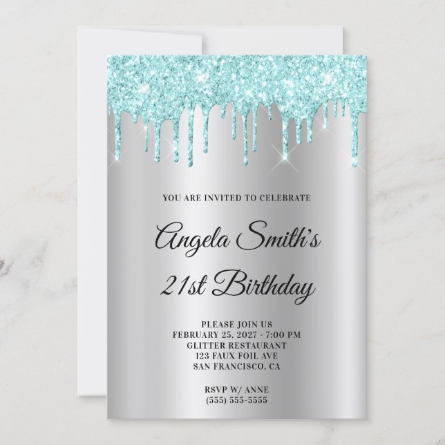 Sparkly Light Turquoise Glitter Drips Silver Ombre Invitation (Front)