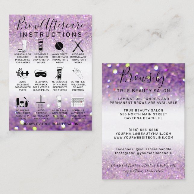 Sparkly Lilac Purple Glitter Brows Aftercare Icon Business Card (Front/Back)