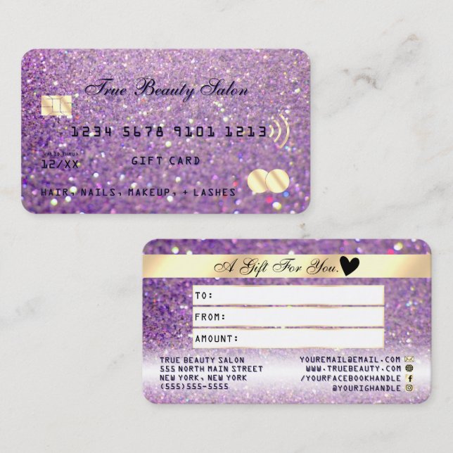 Sparkly Lilac Purple Gold Glitter Credit Gift Card (Front/Back)