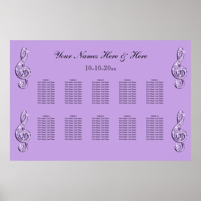 Sparkly Lilac Treble Clefts Wedding Seating Chart (Front)