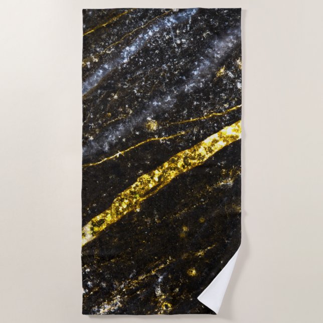 Sparkly line gold black chic abstract bling beach towel (Front)