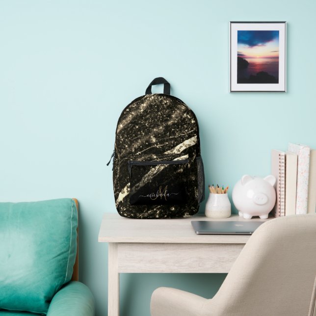 Sparkly line gold black chic abstract Monogram Printed Backpack (Insitu)