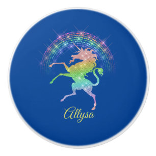 Sparkly Looking Unicorn with Rainbow on Blue Ceramic Knob