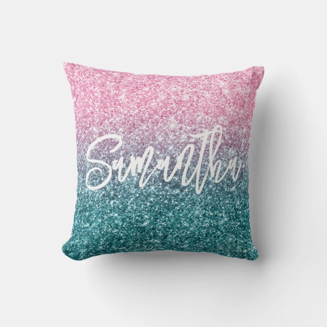 Sparkly Luxury Light Pink Teal Ombre Glitter Cushion (Front)