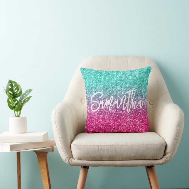 Sparkly Luxury Turquoise Hot Pink Ombre Glitter Cushion (Chair)