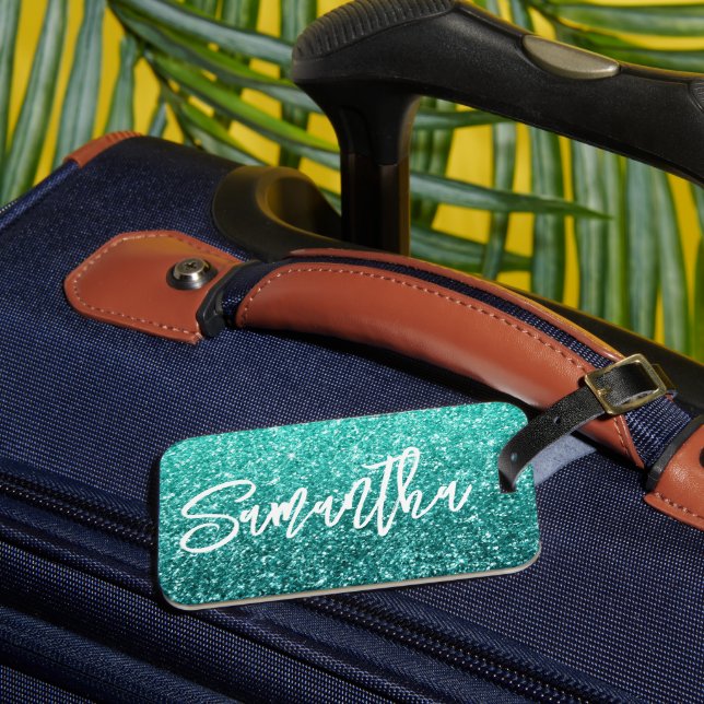 Sparkly Luxury Turquoise Teal Ombre Glitter Luggage Tag (Front Insitu 3)