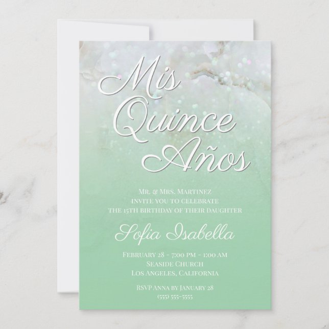 Sparkly Marble Mint Green Ombre Mis Quince Años Invitation (Front)