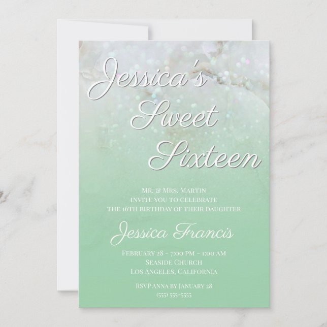 Sparkly Marble Mint Green Ombre Sweet Sixteen Invitation (Front)