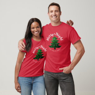 Sparkly Merry bright Christmas tree Custom name  T-Shirt