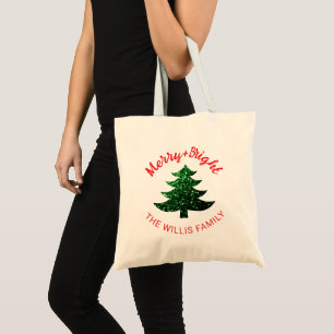 Sparkly Merry bright Christmas tree Custom name Tote Bag