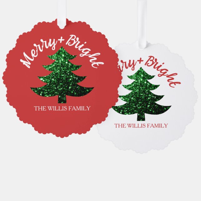 Sparkly Merry bright Christmas tree Custom name Tree Decoration Card (Front/Back)