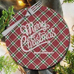 Sparkly Merry Christmas Plaid Paper Plate