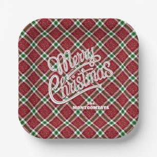 Sparkly Merry Christmas Plaid Square Paper Plate