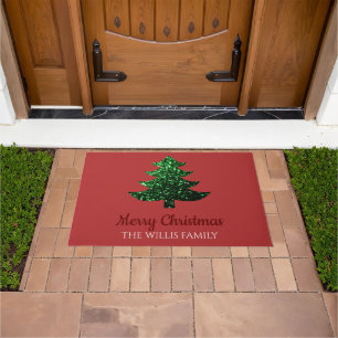 Sparkly Merry Christmas tree Custom Family name  Doormat