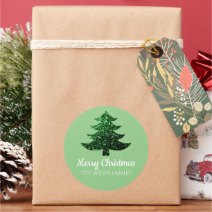 Sparkly Merry Christmas tree green Family name Classic Round Sticker