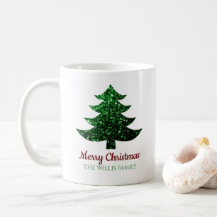Sparkly Merry Christmas tree green Family name  Coffee Mug