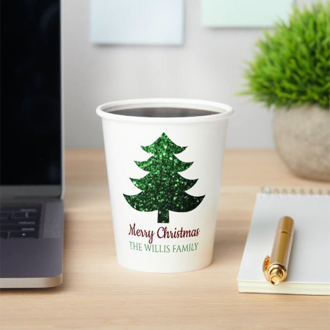 Sparkly Merry Christmas tree green Family name  Paper Cups (Insitu)