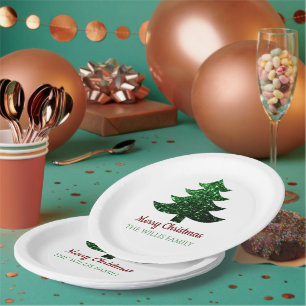 Sparkly Merry Christmas tree green Family name  Paper Plate