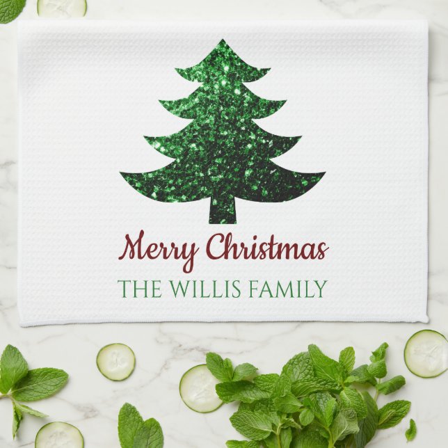 Sparkly Merry Christmas tree green Family name  Tea Towel (Folded)
