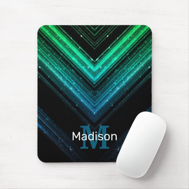 Sparkly metal aqua green galaxy chevron Monogram Mouse Mat (With Mouse)