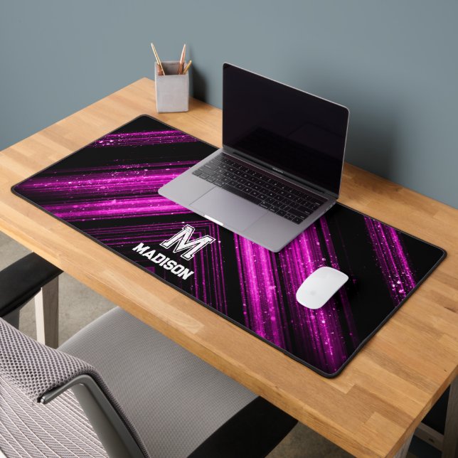 Sparkly metal hot neon pink black chevron Monogram Desk Mat (Office 2)
