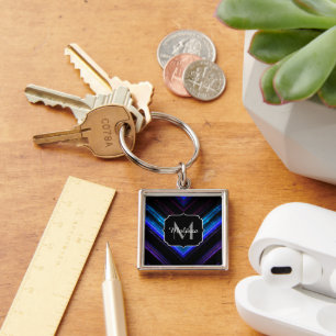 Sparkly metallic blue purple chevron Monogram Key Ring
