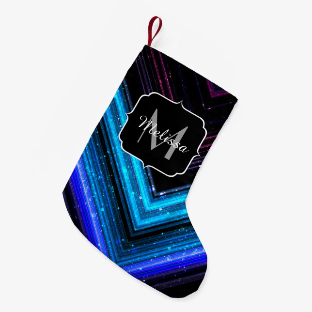 Sparkly metallic blue purple chevron Monogram Small Christmas Stocking (Front (Hanging))
