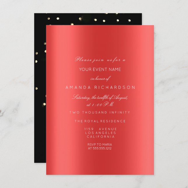 Sparkly Metallic Gold Black Confetti Ruby Red Invitation (Front/Back)