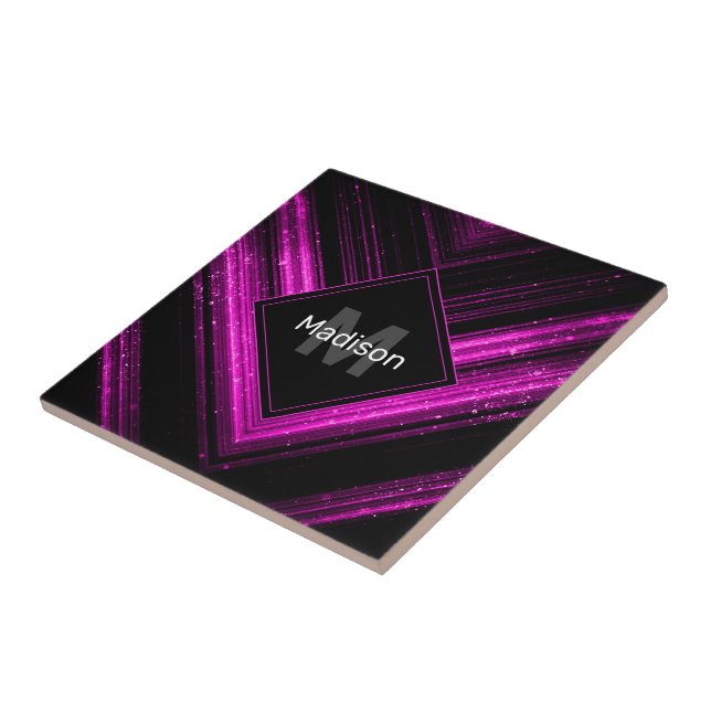 Sparkly metallic hot pink black chevron Monogram Tile (Side)