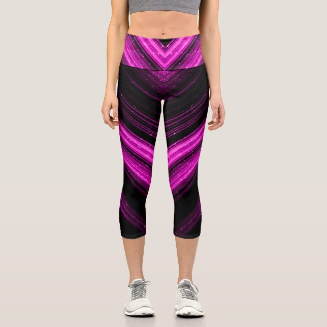 Sparkly metallic pink magenta galaxy chevron lines capri leggings (Front)