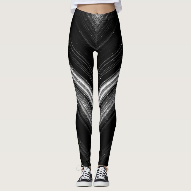 Sparkly metallic silver black galaxy chevron lines leggings (Front)