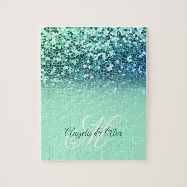 Sparkly Mint Blue Glitter Turquoise Ombre Monogram Jigsaw Puzzle (Vertical)