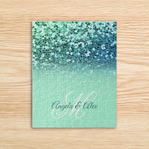 Sparkly Mint Blue Glitter Turquoise Ombre Monogram Jigsaw Puzzle