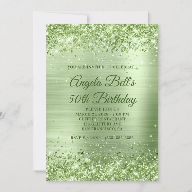 Sparkly Mint Green Glitter and Foil 50th Birthday Invitation (Front)