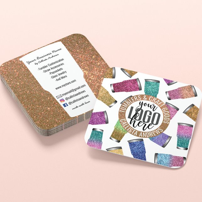 Sparkly Modern Glitter Tumbler Crafter Logo Square Business Card (Creator Uploaded)