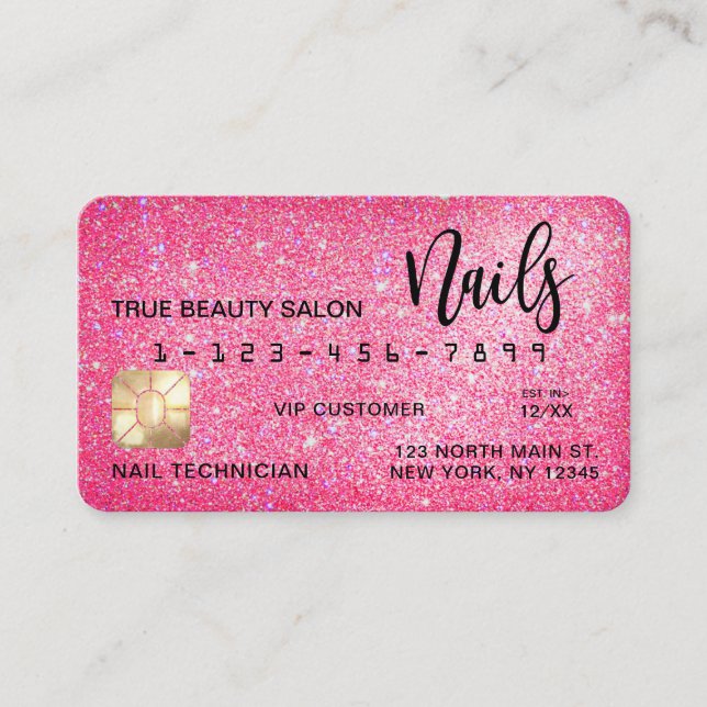 Sparkly Neon Pink Glitter Credit Card Nail Tech (Front)