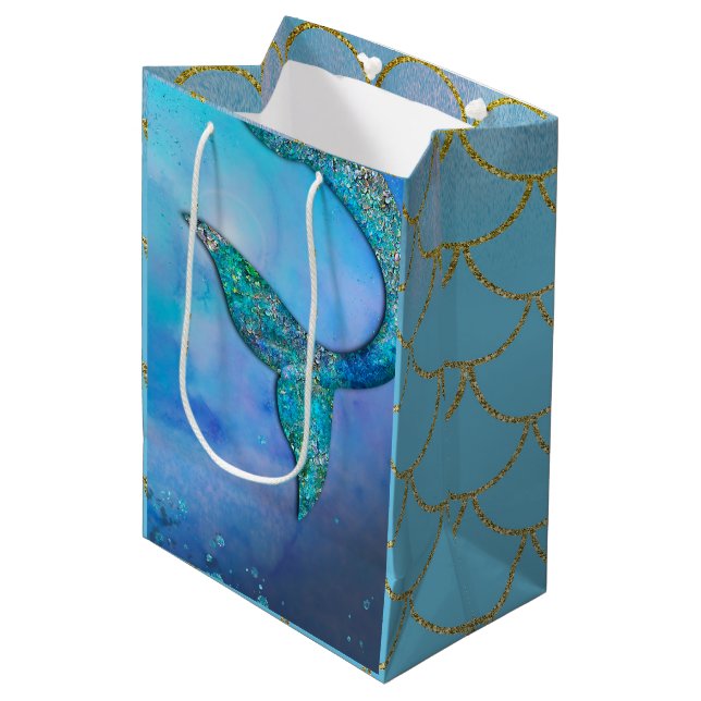 Sparkly Ocean Mermaid Fin Tail Birthday Party Medium Gift Bag (Front Angled)